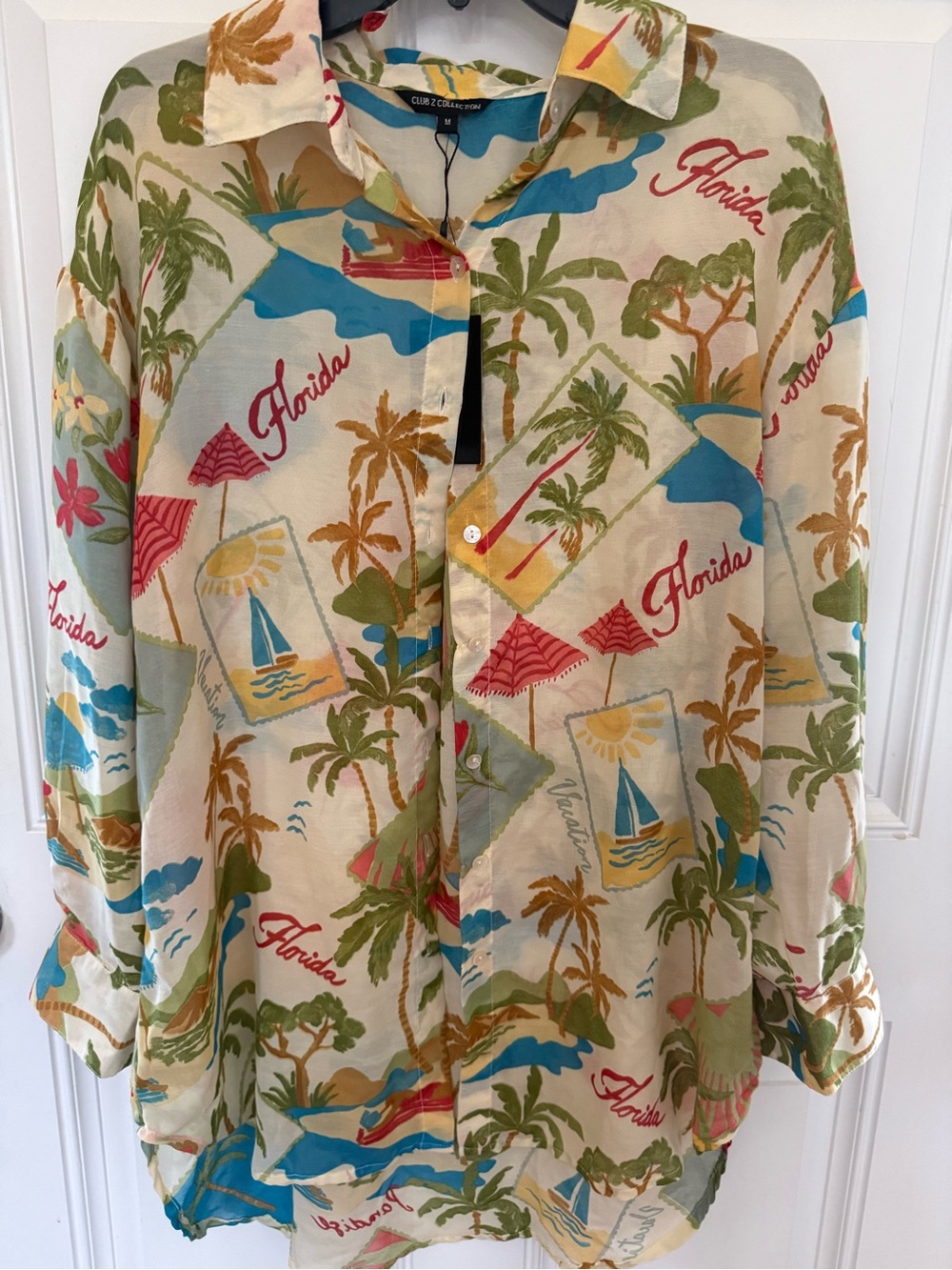 Club Z California Florida Postcard Button-down Coverup Shirt